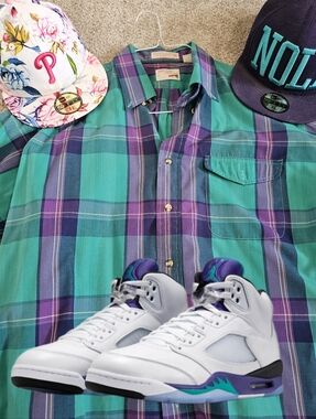 Mens #EMERALD  #Grape Plaid Button Longsleeve 👕 (Jordan 5 Grapes 🍇🍇🍇) Sz XL